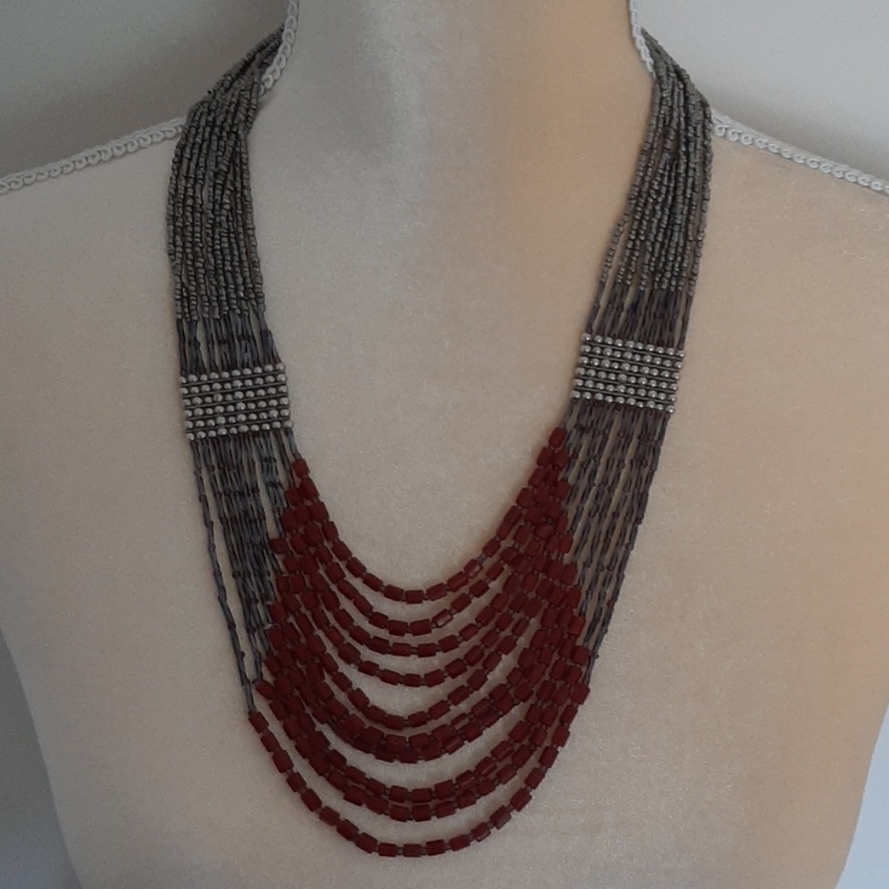 Gun metal and red beaded necklace